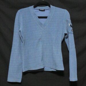 UB JEANS | Striped Light Blue Fleece V-Neck Long Sleeve Shirt W/ Sleeve Pocket